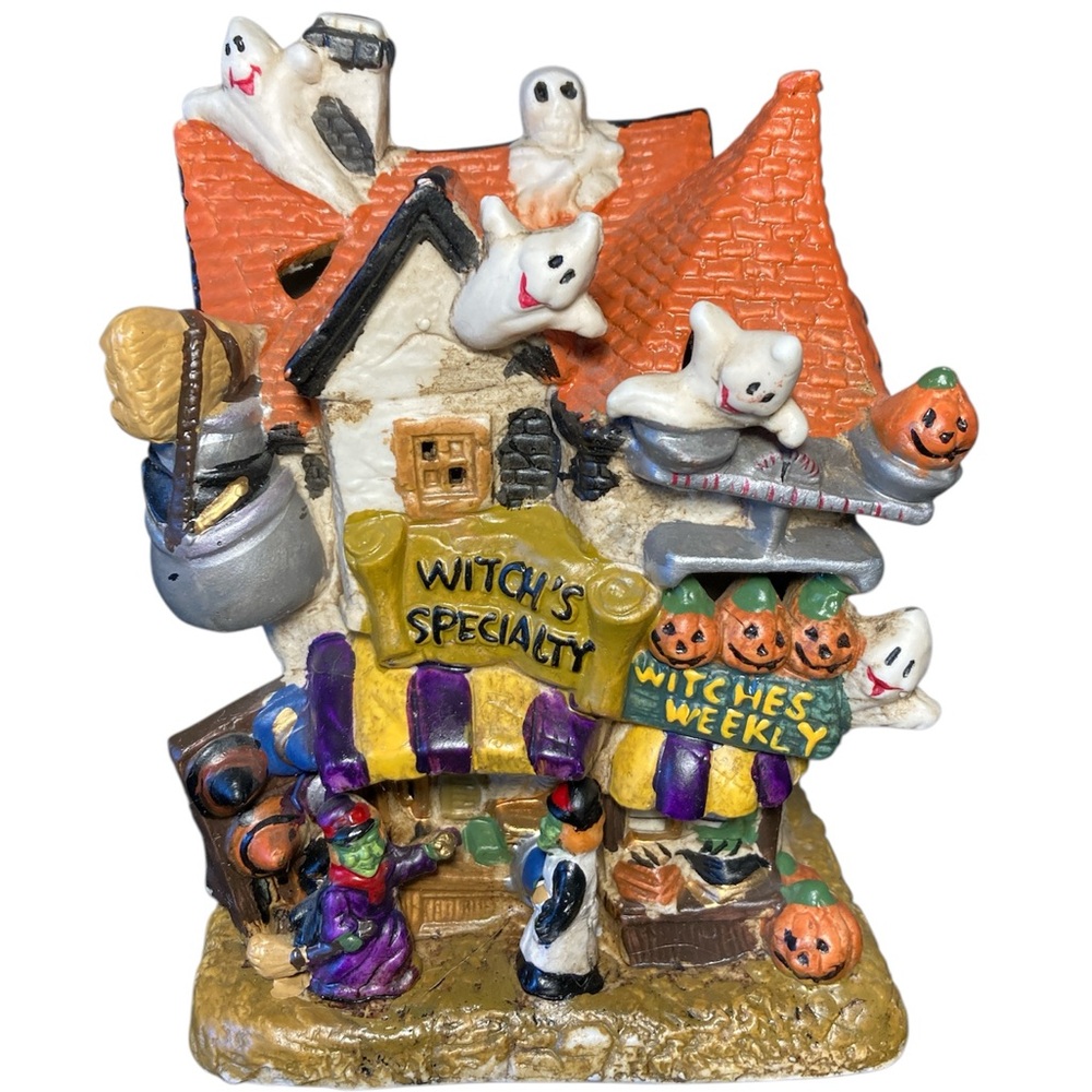 Halloween Witch Shop Figurine with Ghosts and Pumpkins